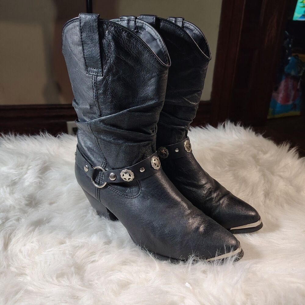 Western Studded Slouch Leather Cowgirl Blk Dingo Boots Wmns Size 9